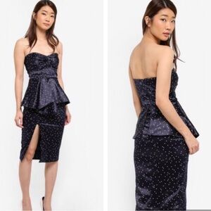 Bardot Strapless Peplum polkadot dress